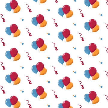 Seamless pattern with balloons and festive ribbon in honor of a birthday. The design is suitable for wallpaper, paper, products. Vector illustration.