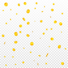 Japanese yen coins falling. Scattered gold JPY