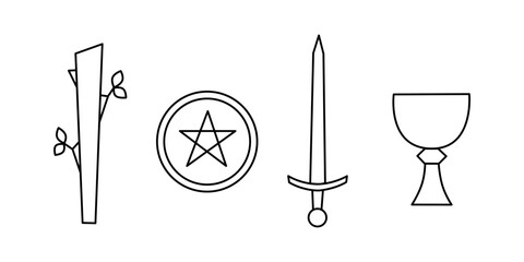 Tarot cards suits, wands, swords, pentacles, cups line art vector illustration. Minor arcana symbols - 739827952