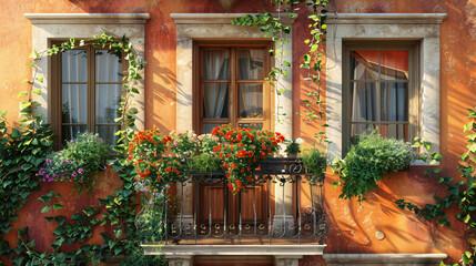 Fototapeta na wymiar Italian balcony with climbing plants and outdoor