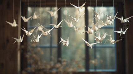White origami folded paper cranes. Origami birds. White paper birds (origami birds) hanging together
