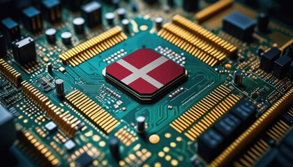 Denmark flag on a processor, CPU or microchip on a motherboard. Concept for the battle of global microchips production. - obrazy, fototapety, plakaty
