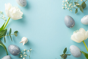 Easter essence captured in a photo of slate greyish eggs, a bunny figurine, gypsophila, tulips, and eucalyptus laid out on a soft blue background, with ample space for text or advertising