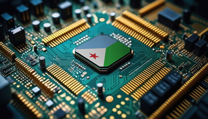 Djibouti flag on a processor, CPU or microchip on a motherboard. Concept for the battle of global microchips production.