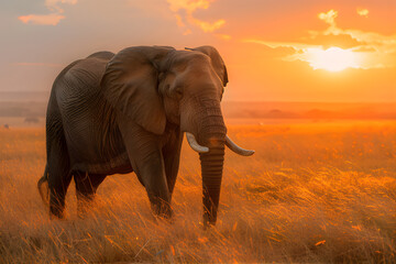 Fototapeta na wymiar An impressive photograph of a majestic elephant standing in a sunlit savannah, capturing the golden hues of the African sunset.