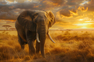 Fototapeta na wymiar An impressive photograph of a majestic elephant standing in a sunlit savannah, capturing the golden hues of the African sunset.