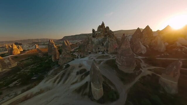 Cappadocia fpv drone shot, air balloon, goreme, Turkey. Travel concept, adventure