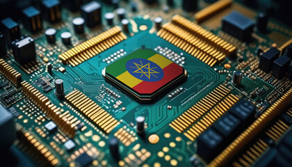 Ethiopia flag on a processor, CPU or microchip on a motherboard. Concept for the battle of global microchips production.
