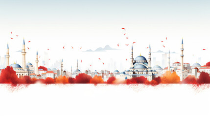 Illustration of Istanbul skyline with autumn colors and flying leaves