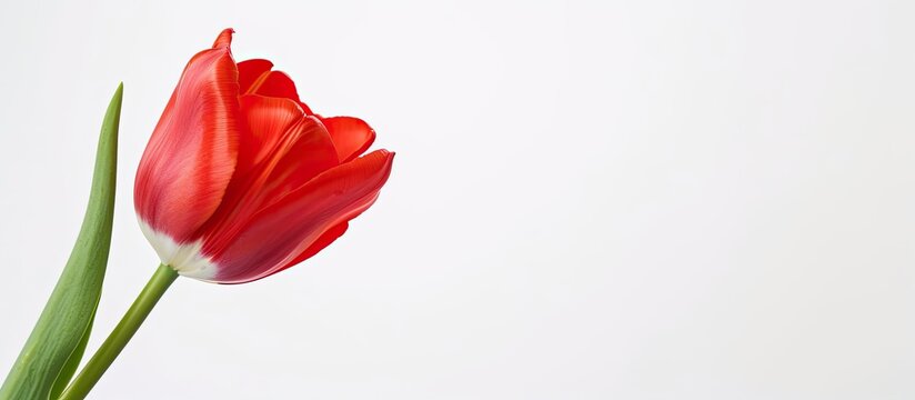 Close up photo of a red tulip in a white vase set against a white backdrop.