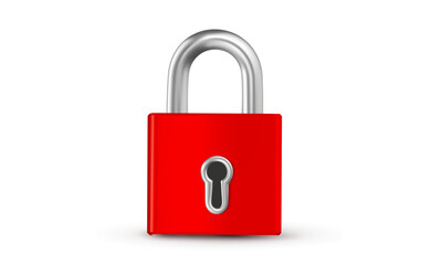 Vector illustration of red color closed lock on white background. 3d style design of metallic shine padlock