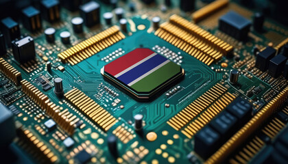 Obraz premium Gambia flag on a processor, CPU or microchip on a motherboard. Concept for the battle of global microchips production.