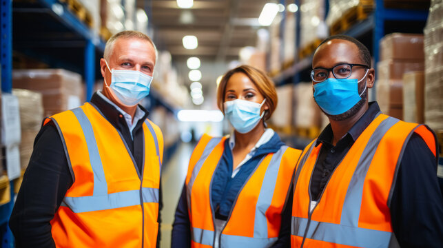 Diverse Team Of Warehouse Workers With Safety Vests And Face Masks