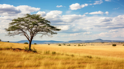 Fototapeta na wymiar Lone tree standing tall in vast African savannah under a cloudy sky