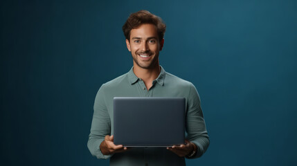 Confident young professional presenting a laptop on a dark blue background