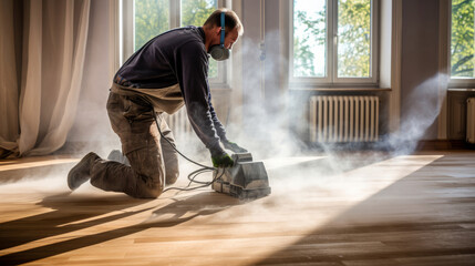 Professional carpenter sanding wooden floor in a sunlit room