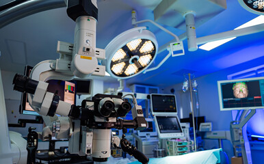 Blue sterile surgery technologies. Operating modern hospital room.