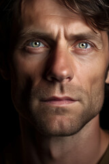 Fototapeta premium Close-up portrait of a man with intense gaze and subtle smile in low-key lighting