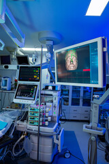 Monitoring operating surgery computer. Intensive modern emergency ward.