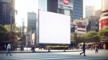Urban cityscape with large blank billboard and bustling street life