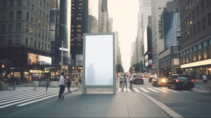 Urban streetscape with a blank advertising billboard at twilight - obrazy, fototapety, plakaty