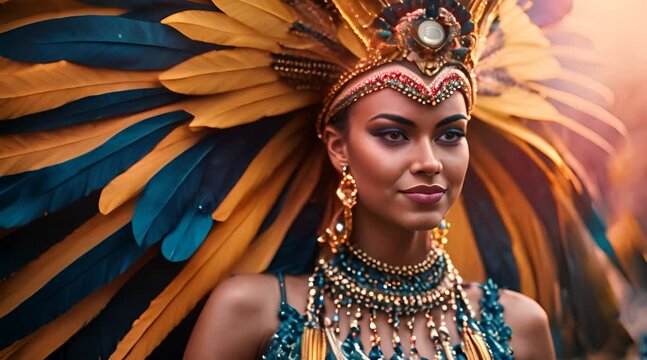 Vibrant carnival dancers illuminate the scene at a traditional Brazilian folk festival, costumes adorned with a riot of colorful feathers