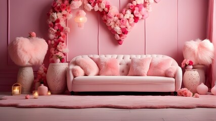 Festive pink Valentine's Day photo studio background featuring fluffy pink pillows, pink carpets and ornamental elements, and led heart-shaped lamps