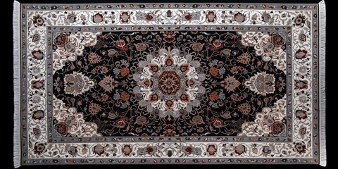Top view old white black Persian Asian carpet texture. abstract ornament classic Arabic pattern rug