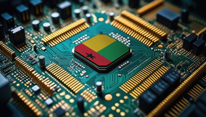 Guinea-Bissau flag on a processor, CPU or microchip on a motherboard. Concept for the battle of global microchips production.