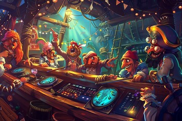 A group of colorful cartoon characters are depicted sitting together at a bar, engaging in conversation and enjoying drinks in a lively setting. Generative AI - obrazy, fototapety, plakaty