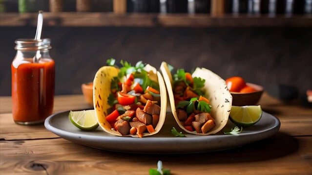 Two tacos with tomato ketchup on plate with ingredients on wooden table on kitchen.