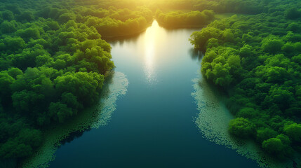 森に囲まれた大きな湖が朝日に照らされる様子