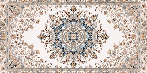 Top view old white Persian Asian carpet texture. abstract ornament classic Arabic pattern rug