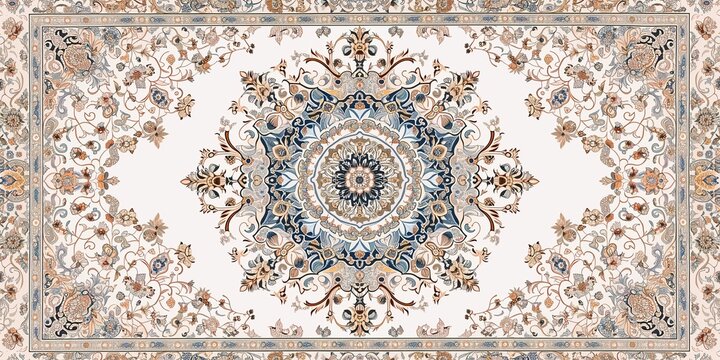 Top view old white Persian Asian carpet texture. abstract ornament classic Arabic pattern rug