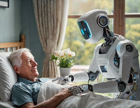 Pflegeroboter hält die Hand eines alten im Bett liegenden Mannes, Symbolfoto Pflege der Zukunft