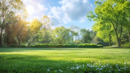 Obraz premium Green field under blue sky with lush grass background. Green meadows, landscape of grass field and green environment.