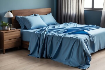Blue sheet on bed in the bedroom from Generative AI