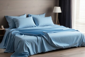 Fototapeta na wymiar Blue sheet on bed in the bedroom from Generative AI