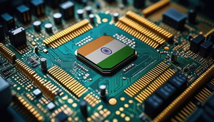 India flag on a processor, CPU or microchip on a motherboard. Concept for the battle of global microchips production.