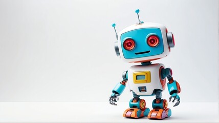 Fototapeta premium Cute colorful small smiling robot in plain white background from Generative AI