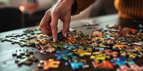 Assembling a Puzzle - Concentrating on assembling a complex jigsaw puzzle spread out on a dining table, with pieces organized by color and shape. 