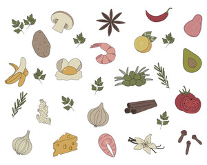 Food icon set, Cooking icon pack, Cooking Ingredients, Vegetable clip-art, Fruit icons, Recipe Stickers, Kitchen Clipart, Vector icons, Cooking book elements, Web icons, Blogger icons, Isolated