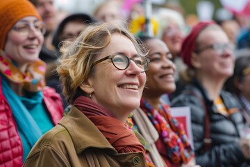A jubilant group of individuals from diverse ethnic backgrounds participates in an outdoor rally. In focus is a cheerful caucasian woman , wearing glasses , with a bright smile