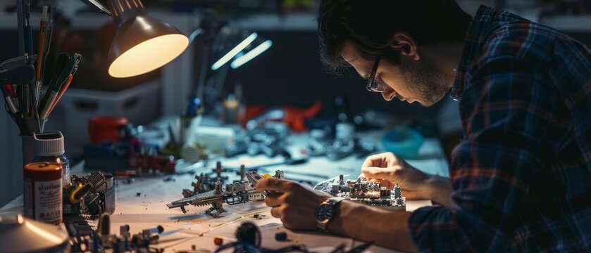 Building a Model Kit - Engrossed in assembling a detailed model kit at a well-lit workspace, surrounded by tools and parts.