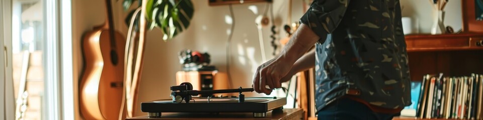 Listening to Vinyl Records - A music enthusiast selecting a record to play on a vintage turntable in a living room filled with music memorabilia.