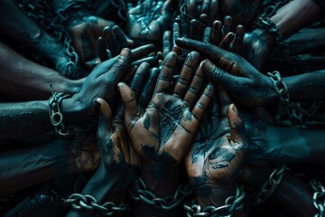 An impactful image showcasing a multitude of hands of African descent bound by chains, symbolizing the struggle against oppression and the collective strength for liberation