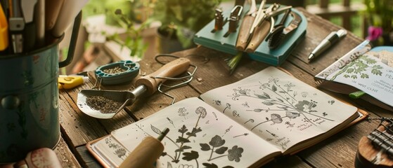 Planning a Garden - Laying out seed packets and gardening tools on a table, with a notebook full of garden plans and sketches beside.  - obrazy, fototapety, plakaty