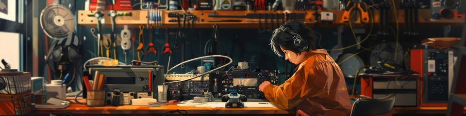 Tinkering with Gadgets - An individual at a workbench, engrossed in repairing or assembling electronic gadgets, surrounded by tools. - obrazy, fototapety, plakaty