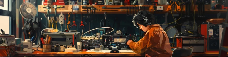 Crédence de cuisine en verre imprimé Voitures de dessin animé Tinkering with Gadgets - An individual at a workbench, engrossed in repairing or assembling electronic gadgets, surrounded by tools.