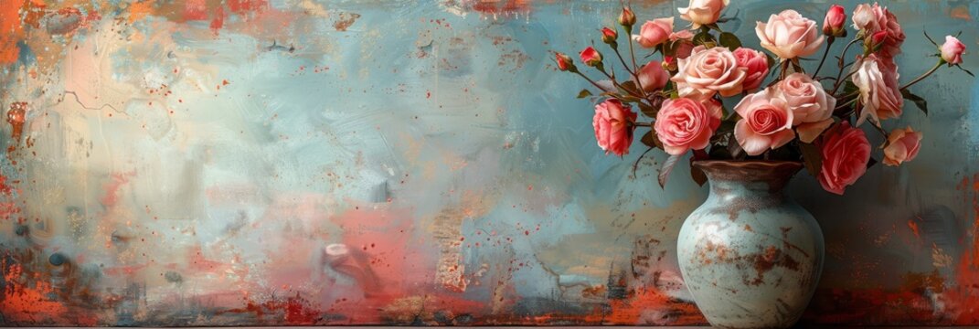 Beautiful Pastel Roses Vase On Rustic, Banner Image For Website, Background, Desktop Wallpaper